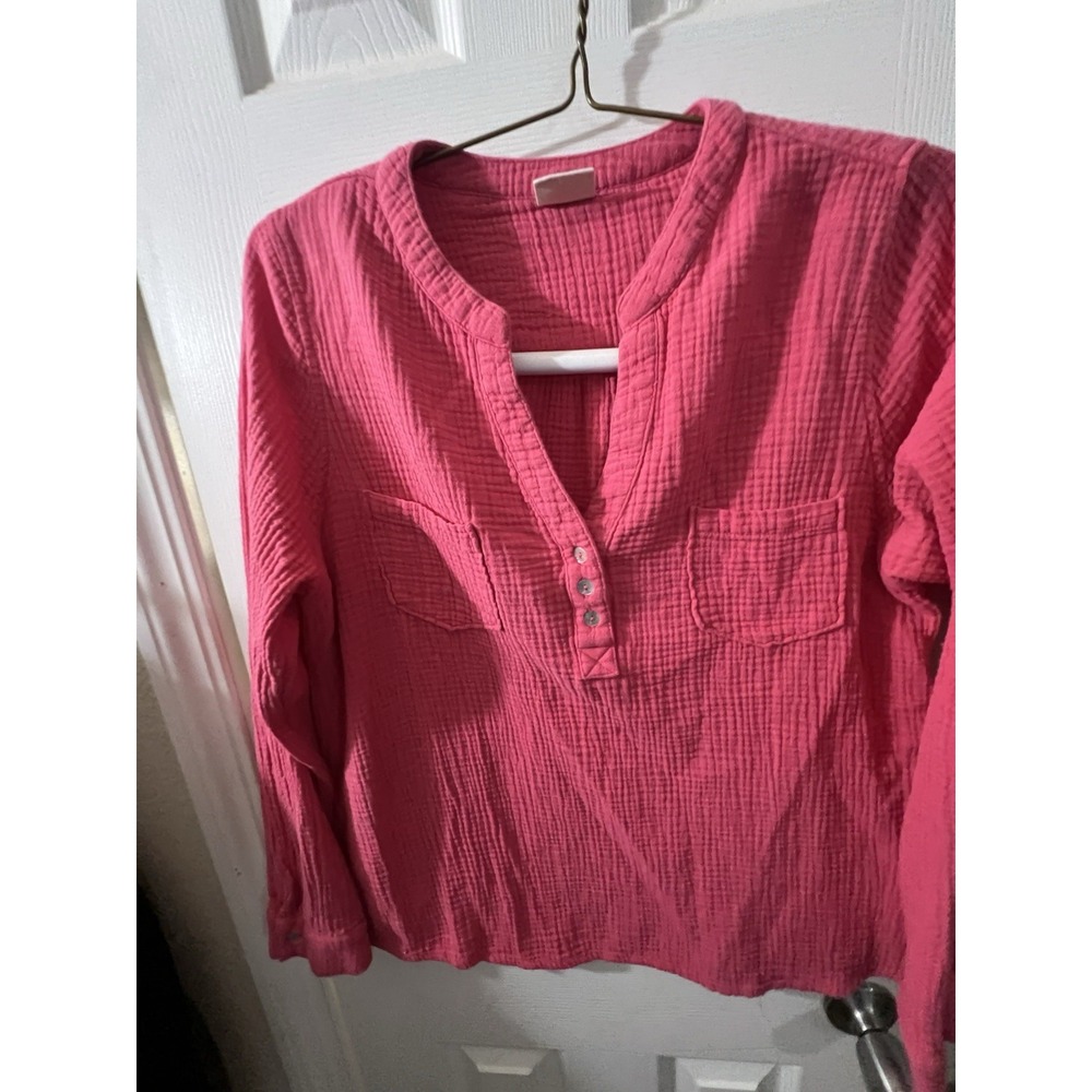 Mote XXL Blouse, Women's Pink Gauze V-Neck Top Long "Easy‎ Roll" Sleeve 2 Pocket